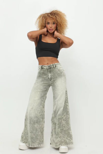 (Preventa) Jeans colombiano flare Velvet Verde desgaste
