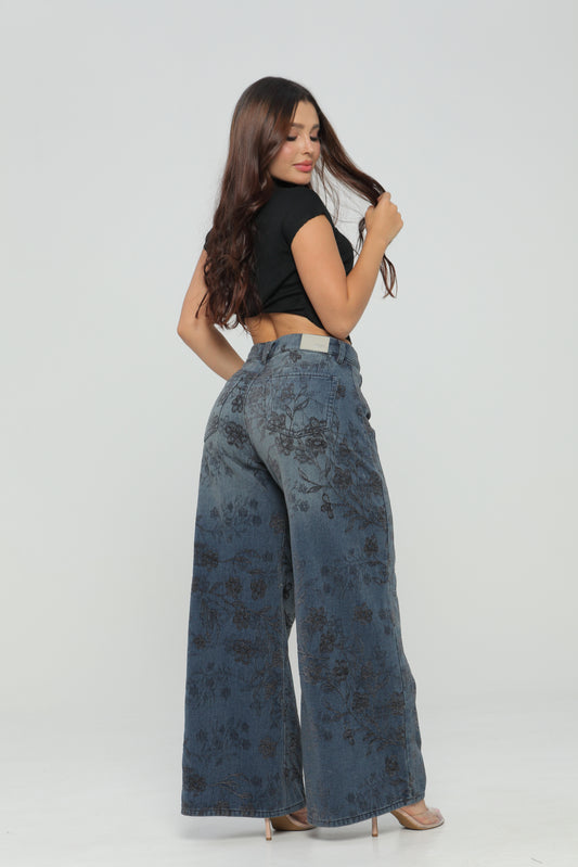 (Preventa) Jeans colombiano Wide leg de flores vino Agata 3 96617-1