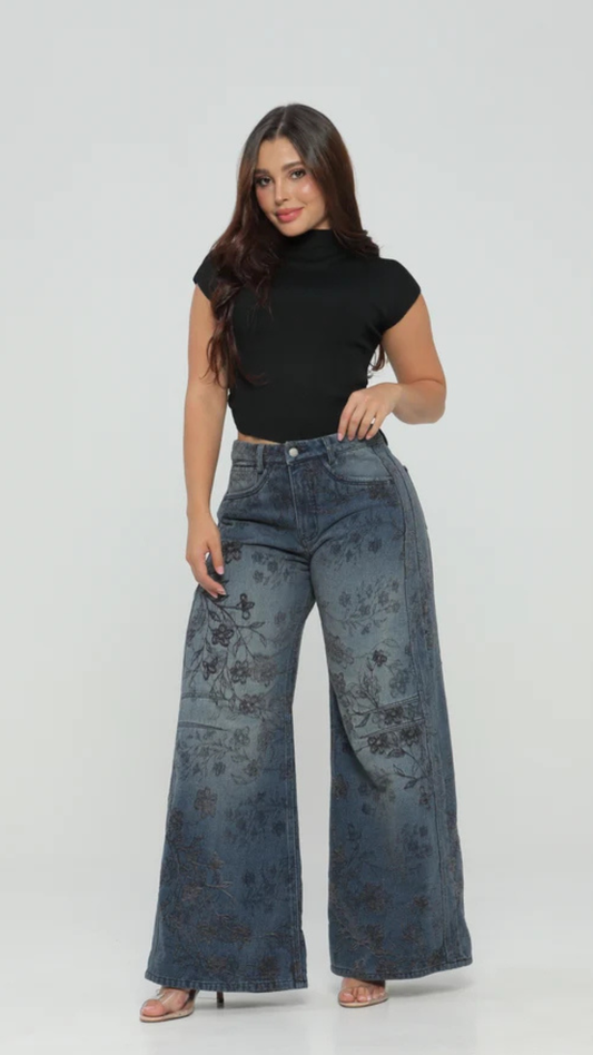 (Preventa) Jeans colombiano Wide leg de flores vino Agata 3 96617-1